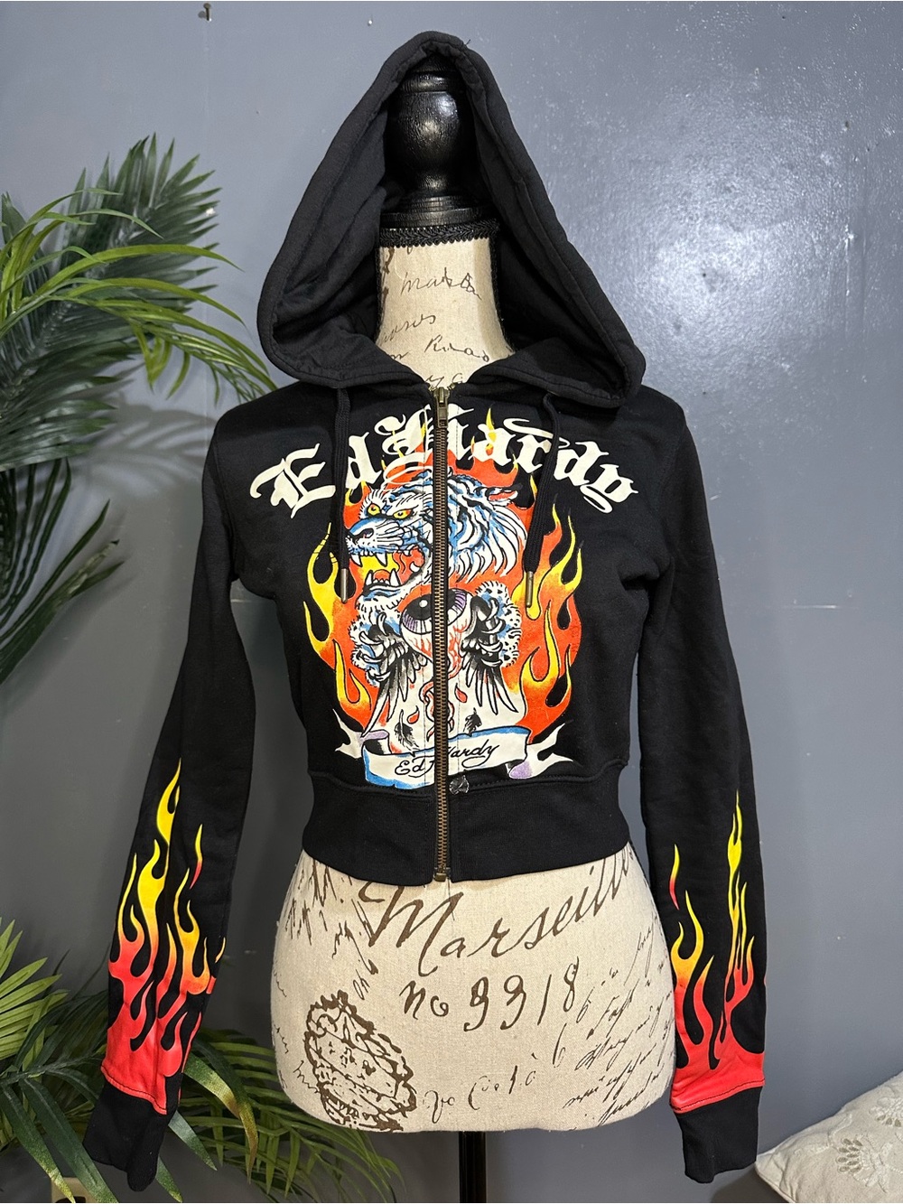 Ed Hardy Black Zip Hoodie with Yellow & Red Flame Sleeves